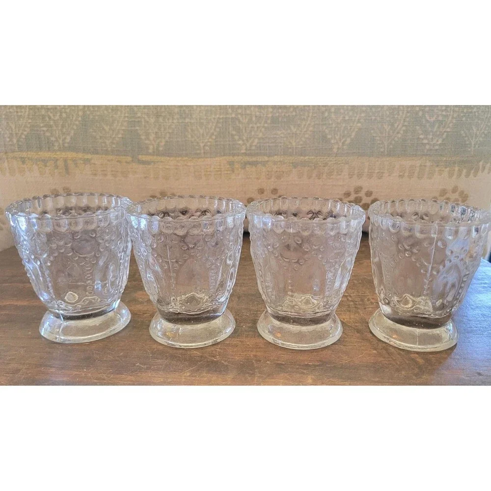 Set of 4 Clear Pressed Glass Votive Holders, EAPG Style Hobnail Scalloped Cups